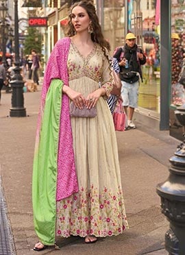 Beige Shimmer Silk Zari Embroidered Sequins Anarkali Suit