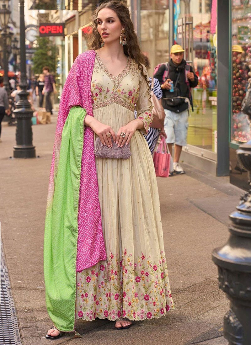 Beige Shimmer Silk Zari Embroidered Sequins Anarkali Suit Festive Wear