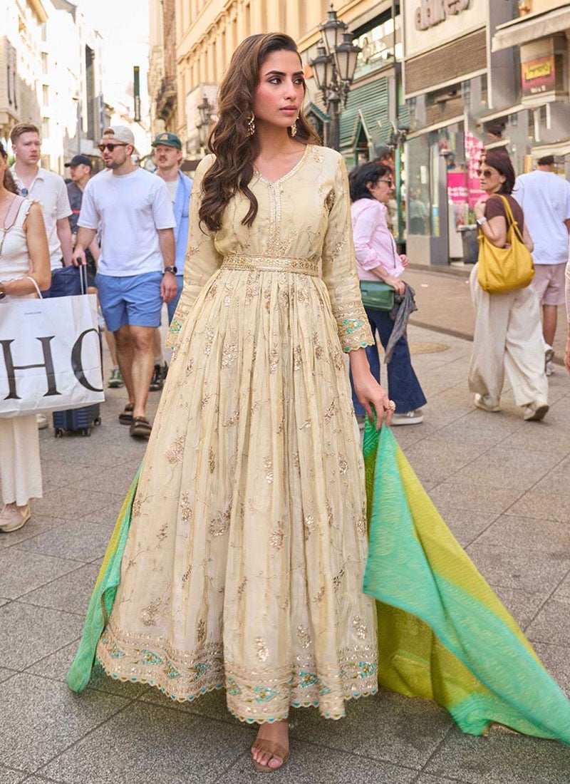 Beige Shimmer Silk Zari Embroidered Sequins Embellished Anarkali Suit Festive Wear