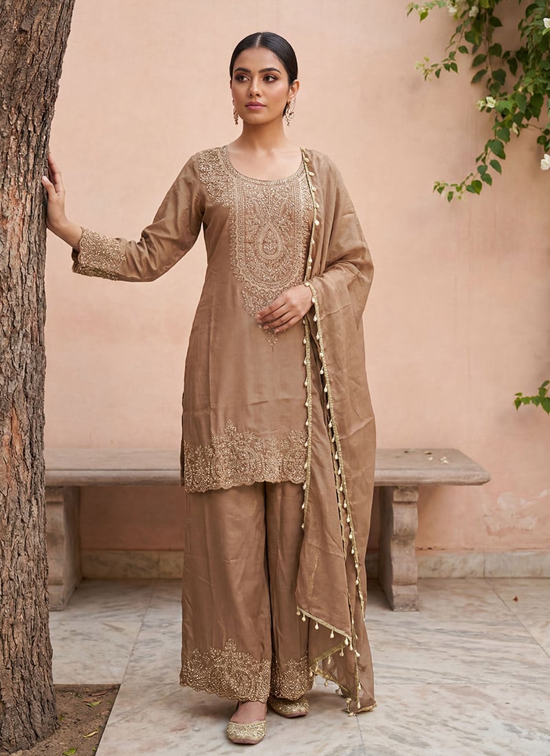Beige Shimmer Tissue Embroidered Palazzo Suit Festive Wear