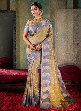 Beige Shimmer Tussar Silk Jacquard Zari Saree
