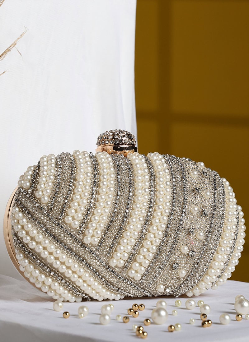 Beige Silk Beads Clutch Party Wear