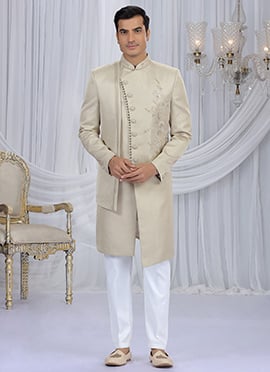 Beige Silk Beads Sequins Zardosi Hand Embroidered Cutdana Indowestern Sherwani Wedding Wear