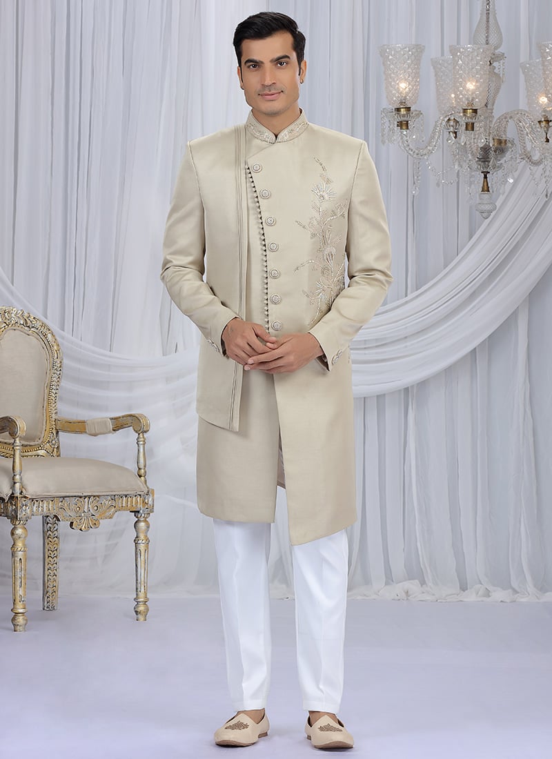 Beige Silk Beads Sequins Zardosi Hand Embroidered Cutdana Indowestern Sherwani Wedding Wear