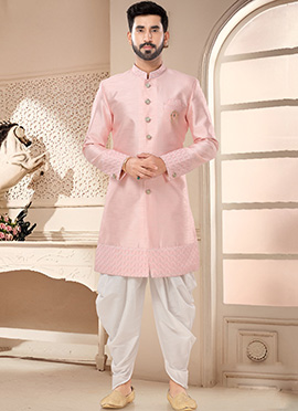 Beige Silk Classic Sherwani With Dhoti Style Pants