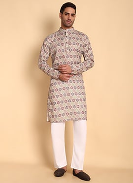 Beige Silk Cotton Printed Kurta Pyjama