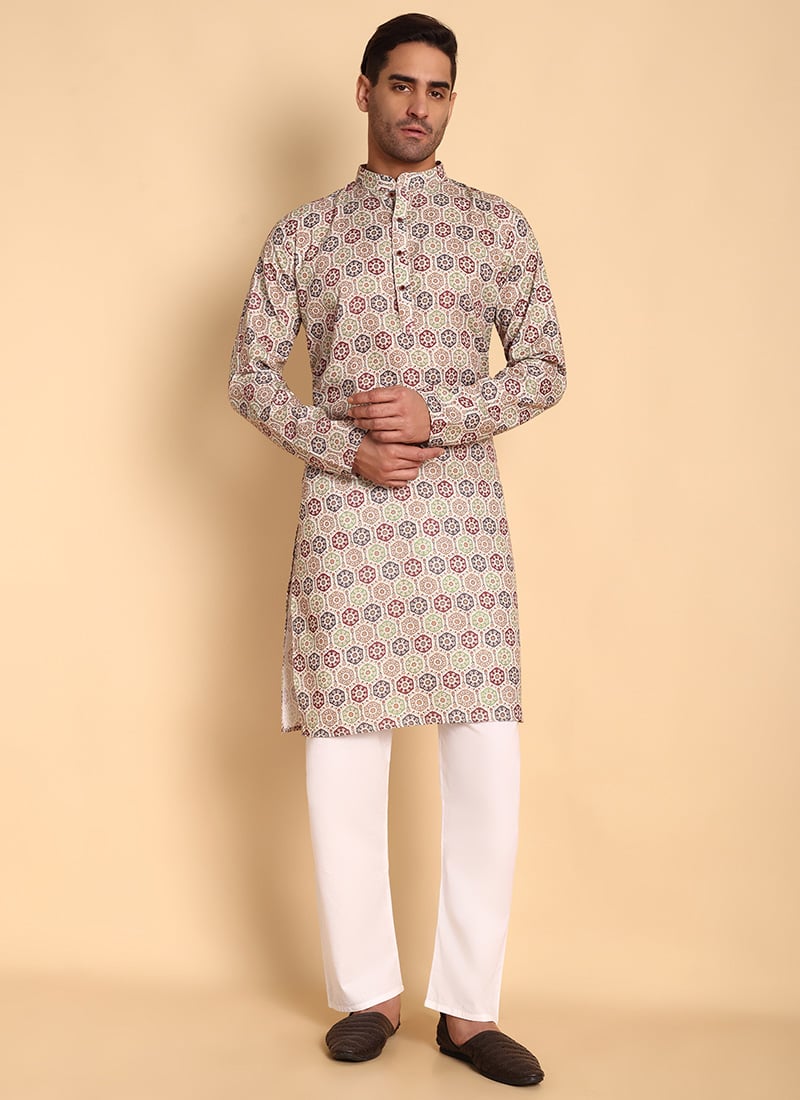 Beige Silk Cotton Printed Kurta Pyjama Festive Wear