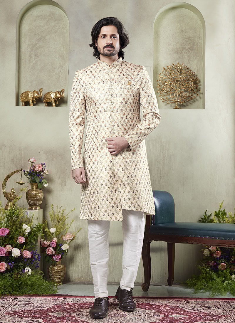 Beige Silk Digital Print Classic Sherwani Festive Wear