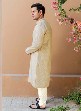 Beige Silk Digital Print Embroidered Sequins Kurta Pyjama