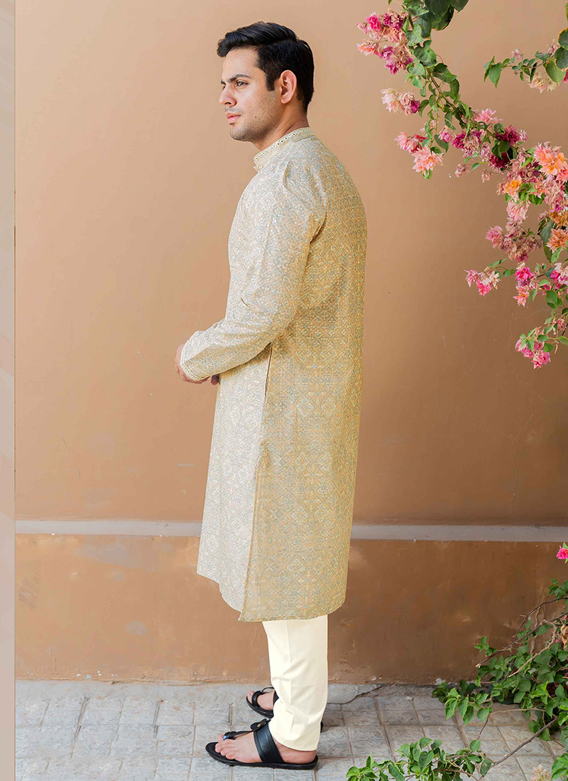 Beige Silk Digital Print Embroidered Sequins Kurta Pyjama Festive Wear