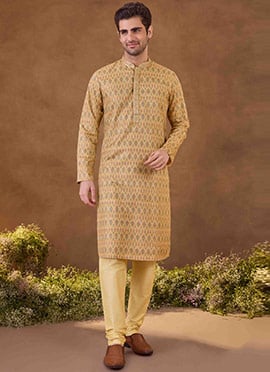 Beige Silk Digital Print Kurta Pyjama For Men