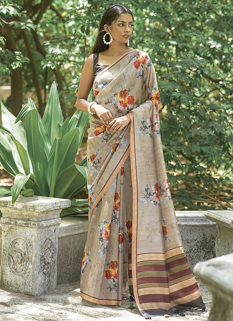 Women Beige Art Silk Digital Printed Saree With Unstitched Blouse main image 1