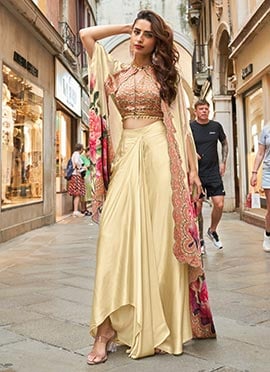 Beige Crepe Digital Print Sequins Beads Mirror Work Indowestern Sets and Suits