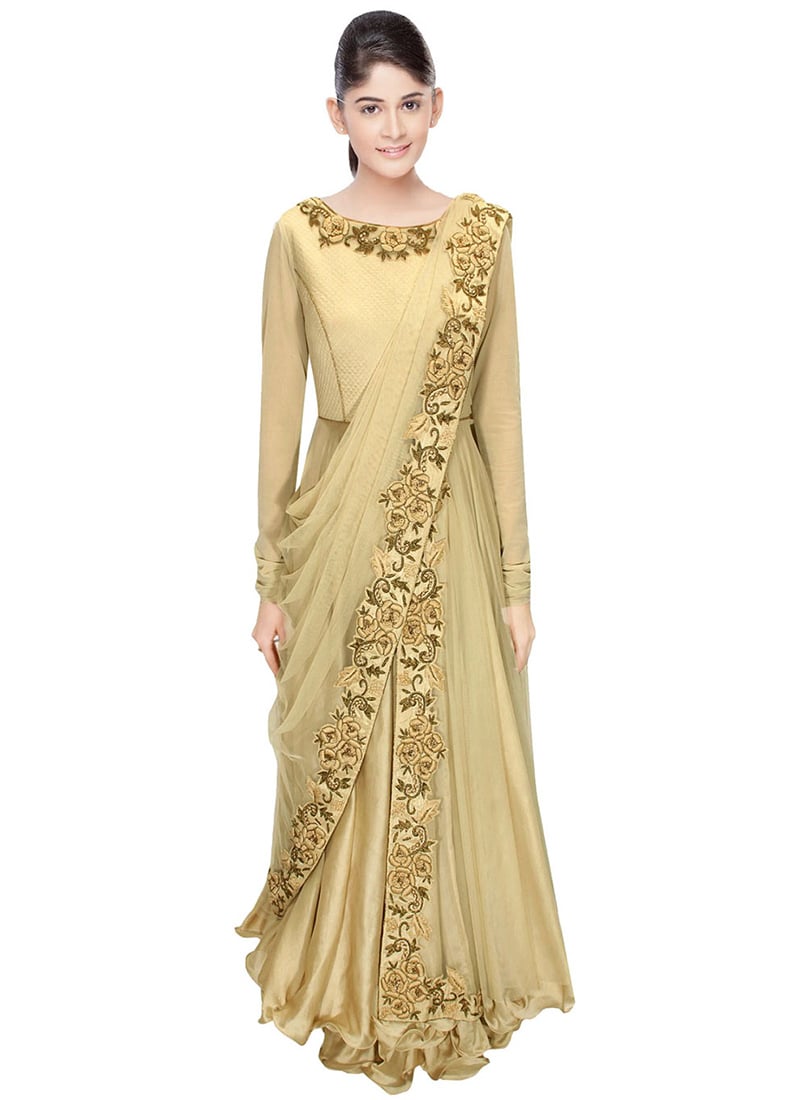 Beige Raw silk and georgette Drape Grown Floor Len Wedding Wear