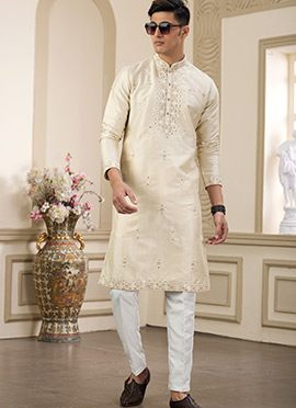 Beige Silk Embroidered  Kurta Pyjama