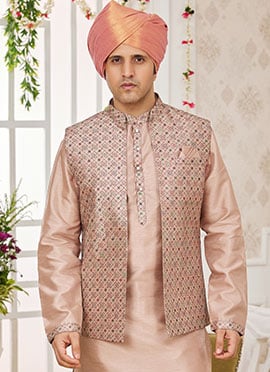 Beige Silk Embroidered Bandhgala jacket For Men