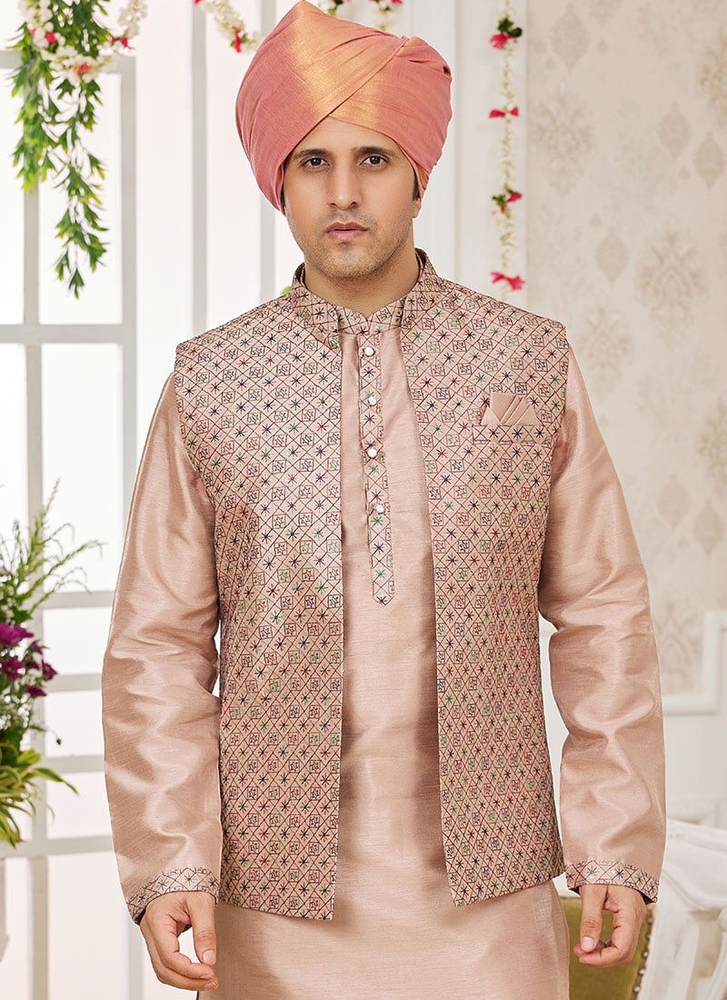 Beige Silk Embroidered Bandhgala jacket For Men