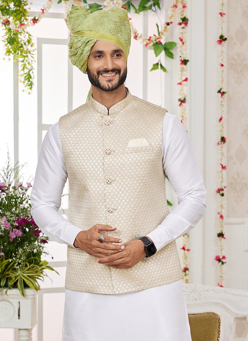 Beige Silk Embroidered Bandhgala jacket For Men