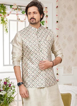 Beige Silk Embroidered Bandhgala jacket For Men