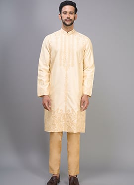 Beige Silk Embroidered Dapper Kurta Pyjama