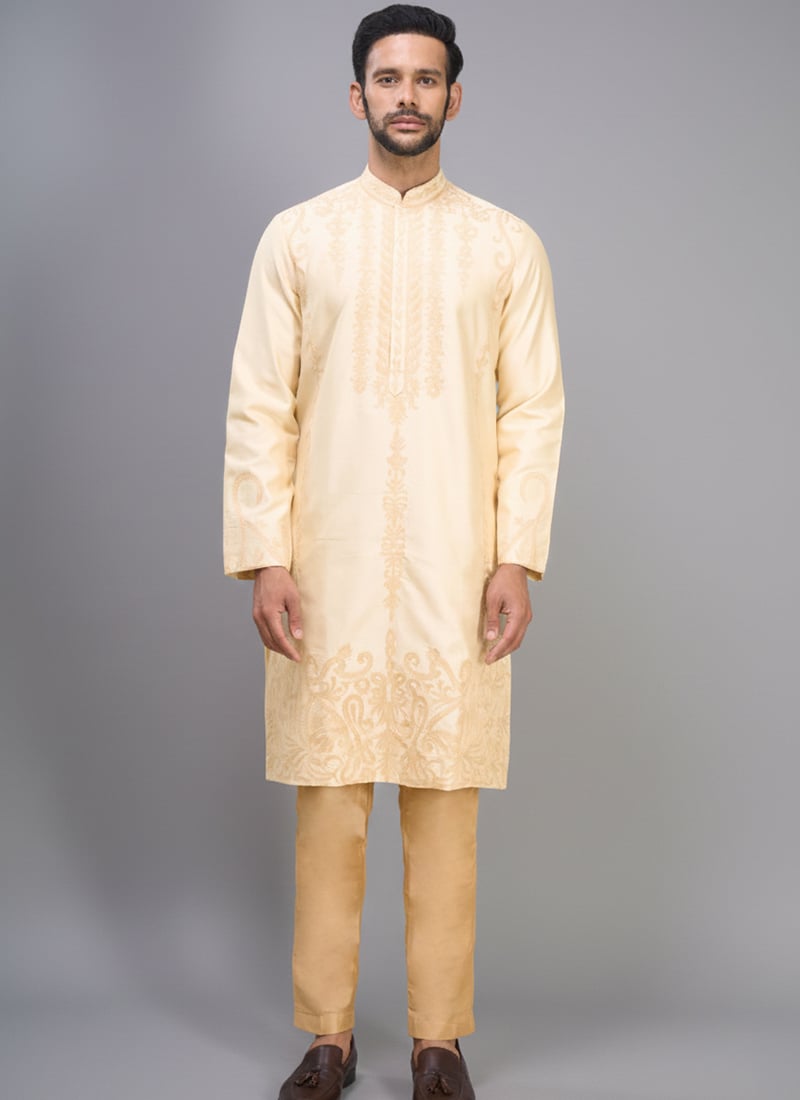 Beige Silk Embroidered Dapper Kurta Pyjama Festive Wear