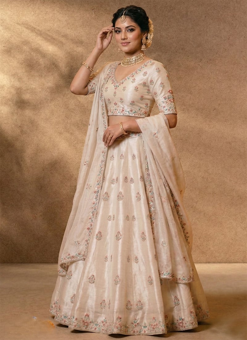 Beige Silk Embroidered Elegant Lehenga Wedding Wear