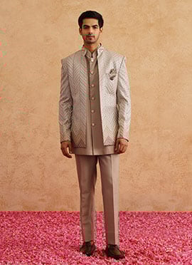 Beige Silk Embroidered Jodhpuri Bandhgala Suit