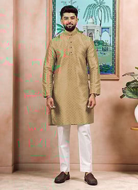 Beige Silk Embroidered Kurta Pyjama For Men