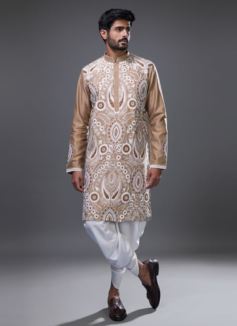Beige Silk Embroidered Kurta Pyjama Festive Wear