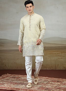 Beige Silk Embroidered Kurta Pyjama