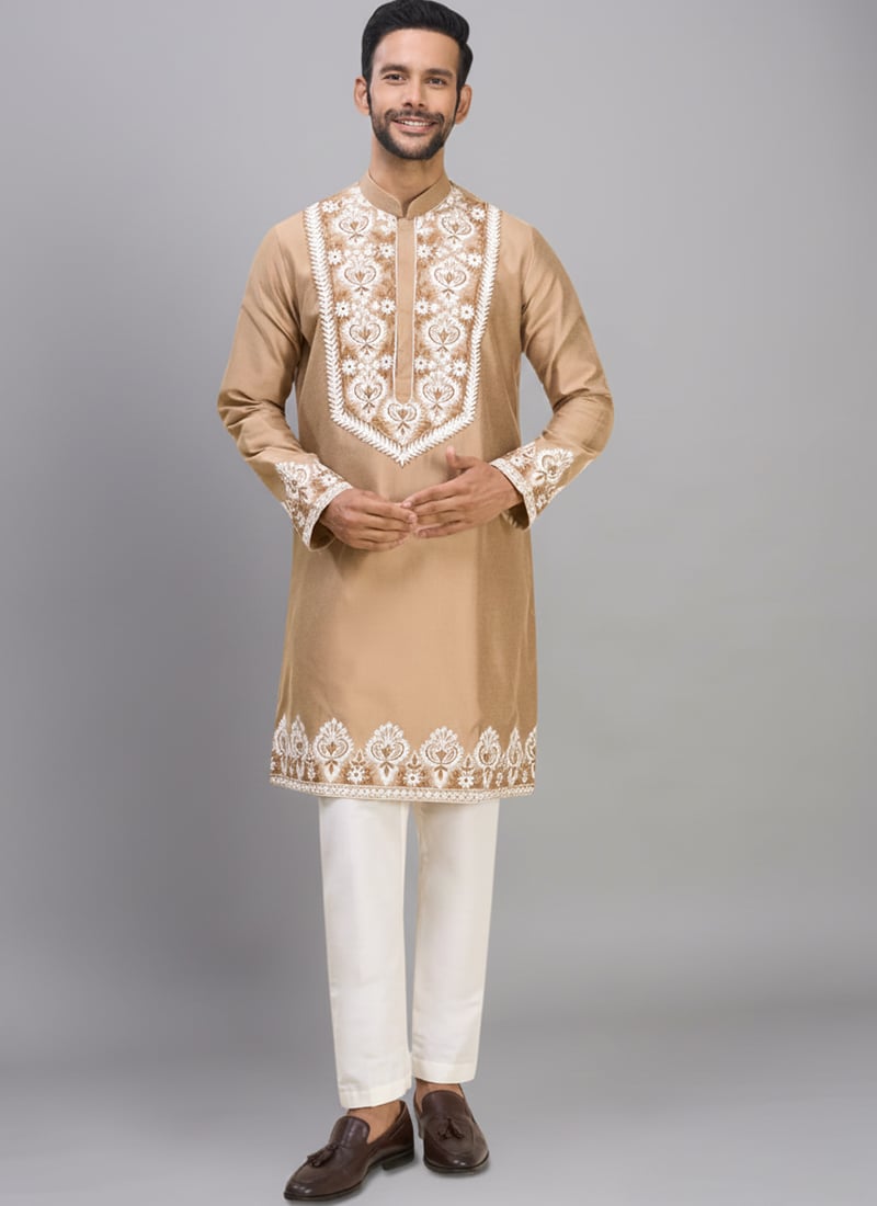 Beige Silk Embroidered Majestic Kurta Pyjama Festive Wear