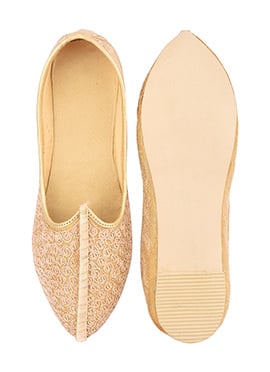 Beige Silk Embroidered Mojri