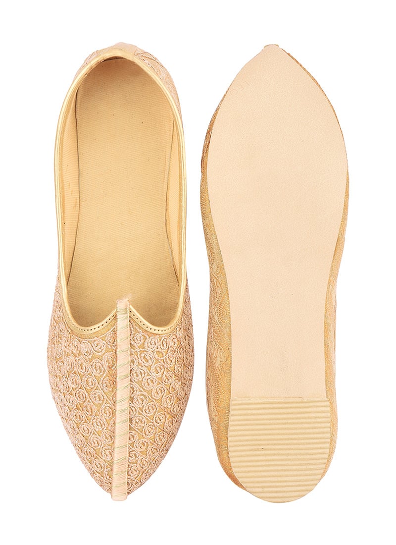 Beige Silk Embroidered Mojri