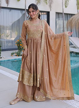 Beige Silk Embroidered Sequin Palazzo Suit