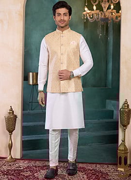 Beige Silk Embroidered Sequins Bandhgala Jacket