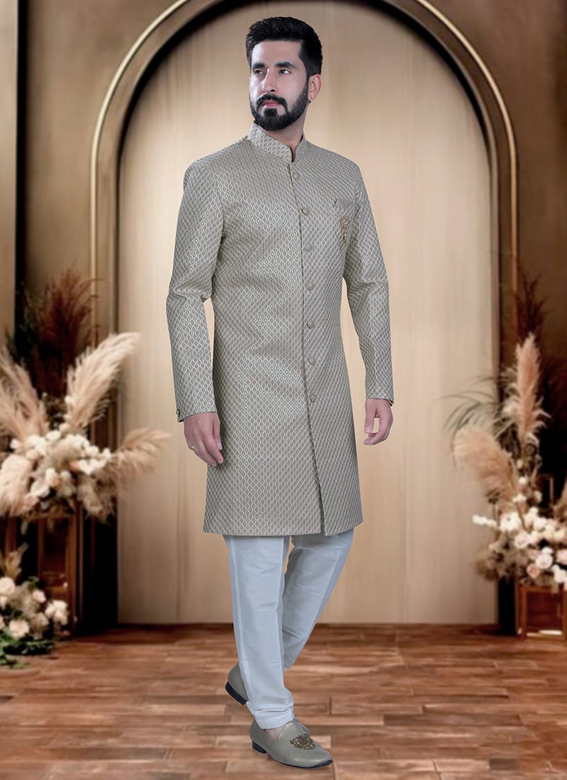 Beige Silk Embroidered Sequins Indowestern Sherwani  For Men Wedding Wear