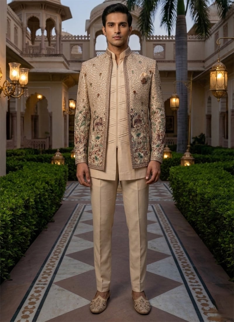 Beige Silk Embroidered Sequins Indowestern Sherwani  Wedding Wear
