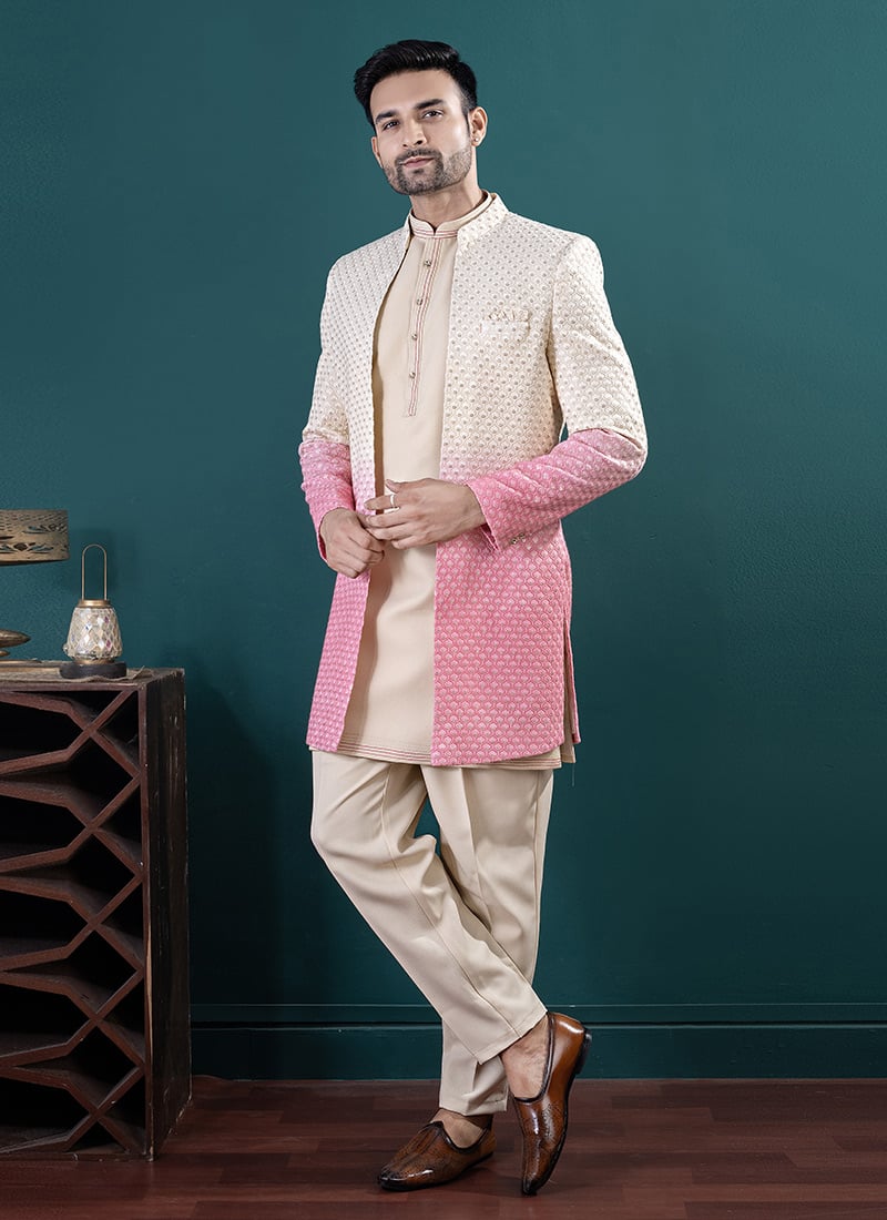 Beige Silk Embroidered Sequins Indowestern Sherwani Wedding Wear