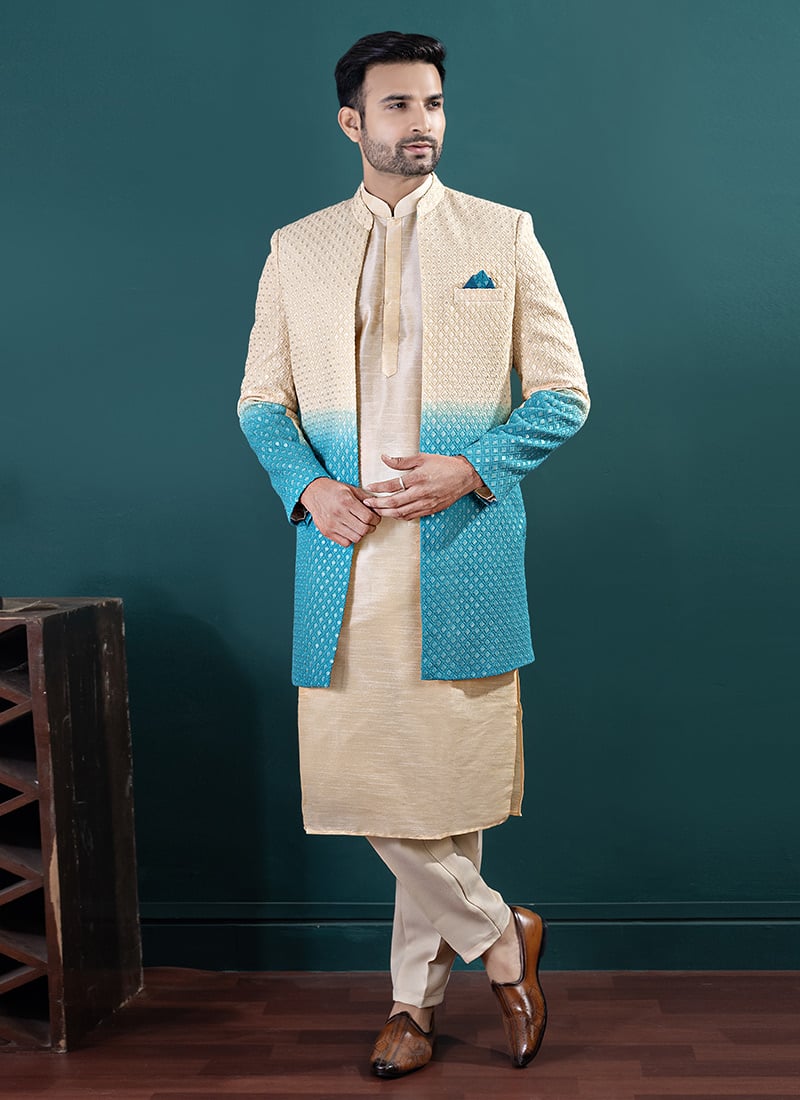 Beige Silk Embroidered Sequins Indowestern Sherwani Wedding Wear