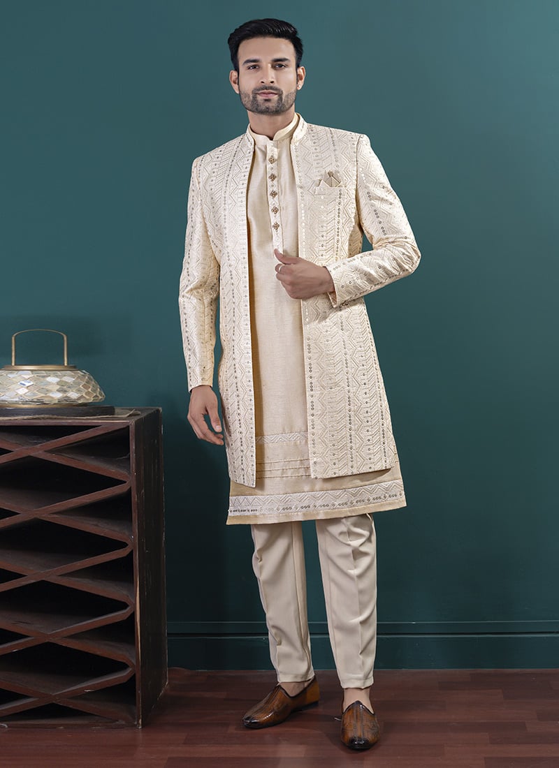 Beige Silk Embroidered Sequins Indowestern Sherwani Wedding Wear
