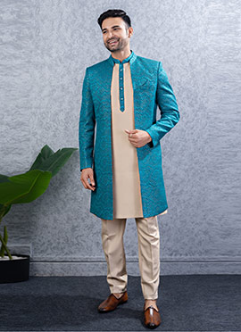 Beige Silk Embroidered Sequins Indowestern Sherwani