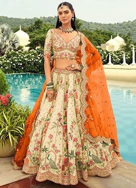 Beige Silk Embroidered Sequins Mirror Work Cut Work Stones Thread Umbrella Lehenga