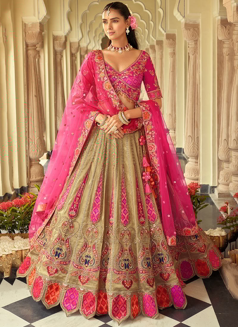 Beige Silk Embroidered Sequins Mirror Work Cut Work Stones Thread Umbrella Lehenga Wedding Wear