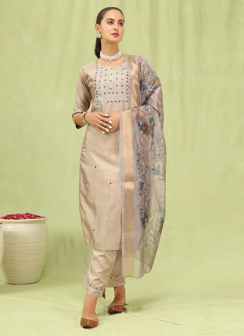 Beige Silk Embroidered Sequins Straight Pant Suit With Digital Print Dupatta