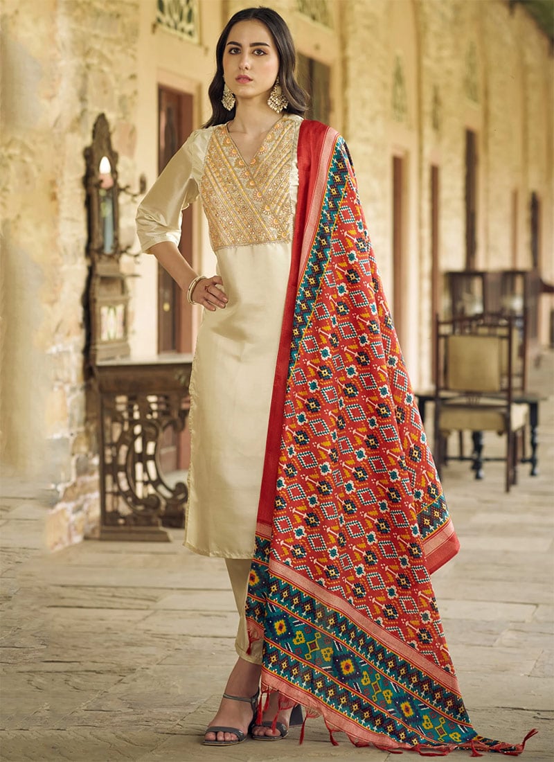 Beige Silk Embroidered Straight Pant Suit With Printed Dupatta