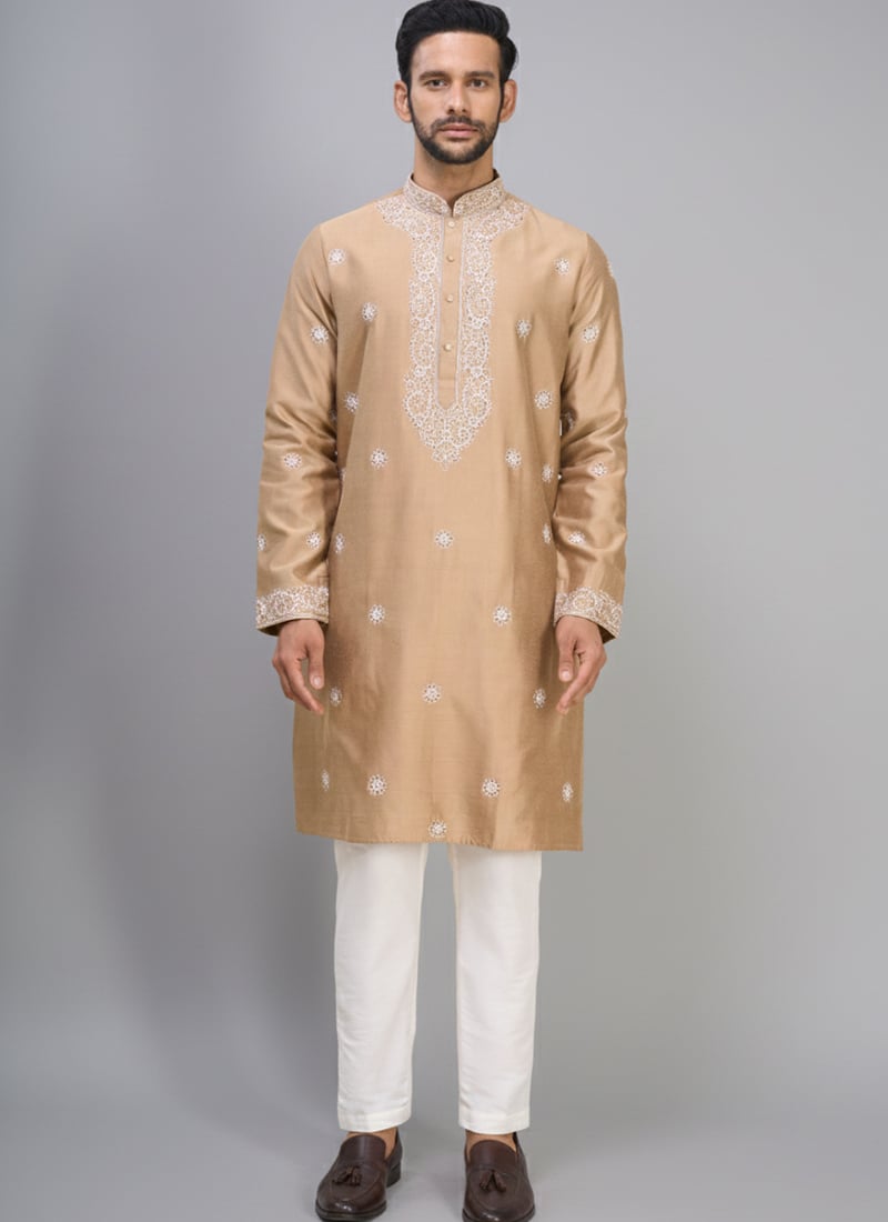 Beige Silk Embroidered Stylish Kurta Pyjama Festive Wear