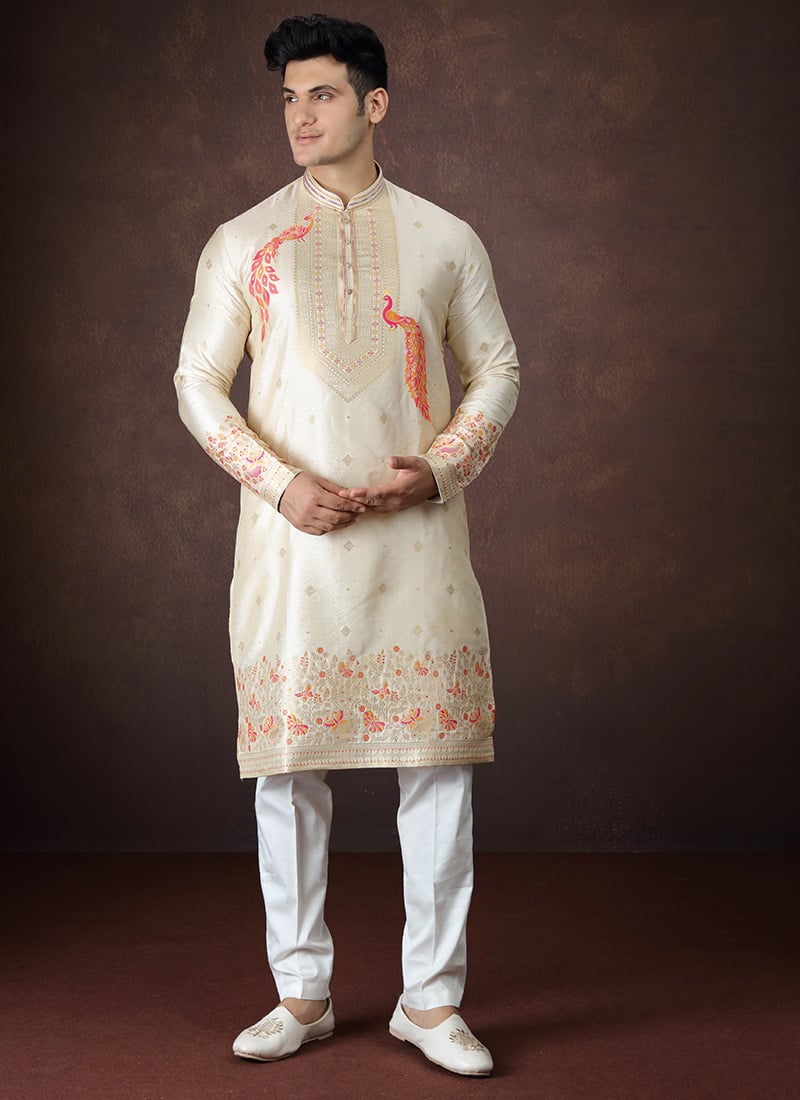 Beige Silk Embroidered Zari Kurta Pyjama Festive Wear