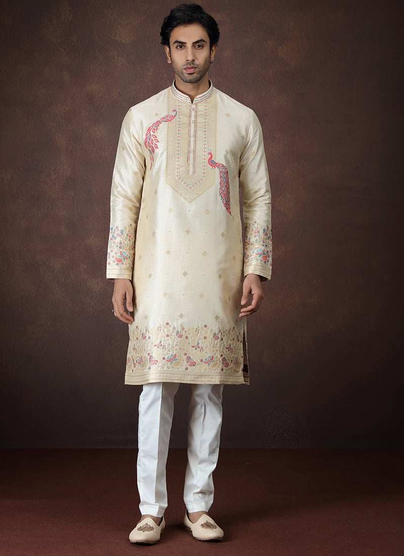 Beige Silk Embroidered Zari Kurta Pyjama Festive Wear
