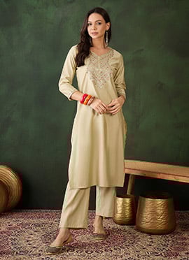 Beige Silk Floral Embroidered Sequins Kurta Straight Pant Set