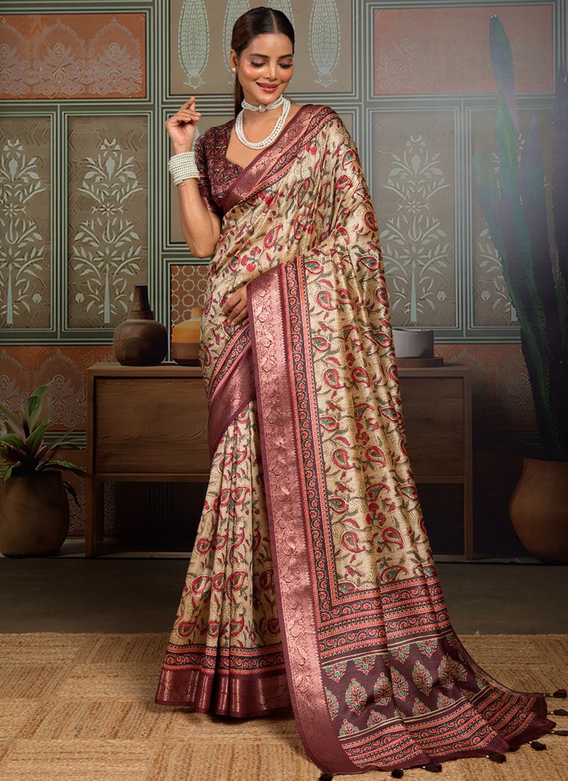 Beige Silk Floral Printed Saree Festive Wear